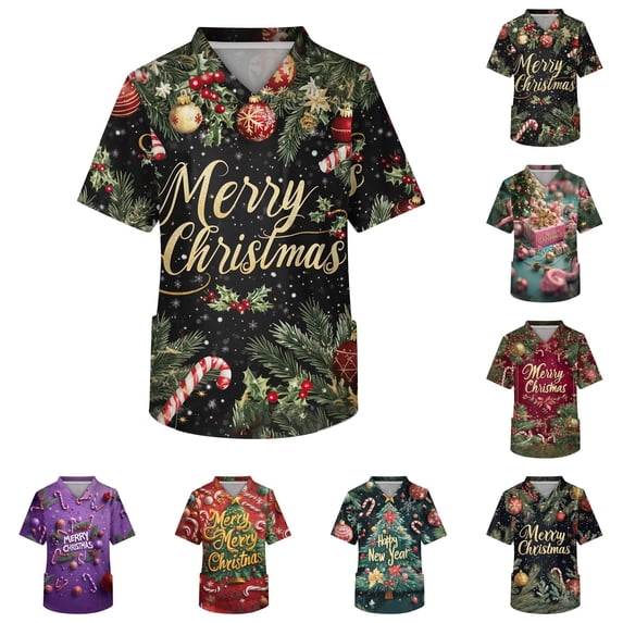 Scrub Tops for Men Short Sleeve Christmas Print V Neck Medical Scrubs Healthcare Work Shirts Nursing Scrubs Red XL