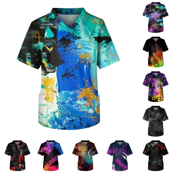 Scrub Tops for Men Short Sleeve Tie Dye V Neck Medical Scrubs Healthcare Uniform Tops Nursing Scrubs Green M