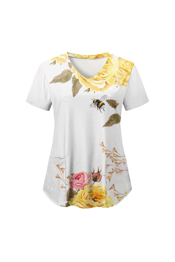 Scrub Tops for Women Bee Graphic Short Sleeve V-Neck Medical Uniform Soft Stretchy Free Nurse Shirt with 2 Pockets Beige XXL
