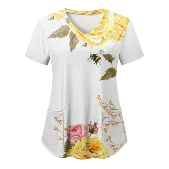 Scrub Tops for Women Bee Graphic Short Sleeve V-Neck Medical Uniform Soft Stretchy Free Nurse Shirt with 2 Pockets Beige XXL