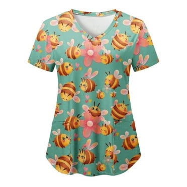 Scrub Tops for Women Bee Graphic Short Sleeve V-Neck Medical Uniform Soft Stretchy Free Nurse Shirt with 2 Pockets Green L