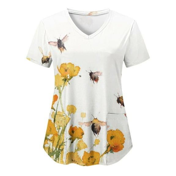Scrub Tops for Women Bee Graphic Short Sleeve V-Neck Medical Uniform Soft Stretchy Free Nurse Shirt with 2 Pockets White L
