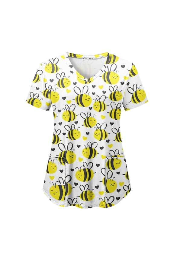 Scrub Tops for Women Bee Graphic Short Sleeve V-Neck Medical Uniform Soft Stretchy Free Nurse Shirt with 2 Pockets Yellow M