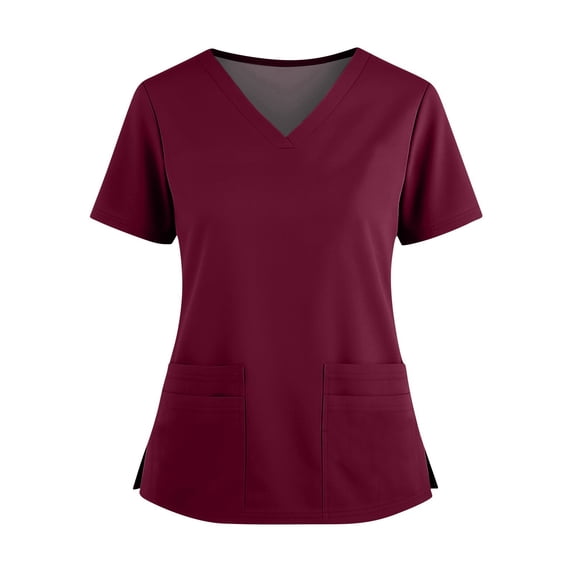 Scrub Tops for Women Breathable Stretch Fabric V-Neck Scrub Shirts, 4 Pocket Comfortable Scrub Tops Wine 2XL
