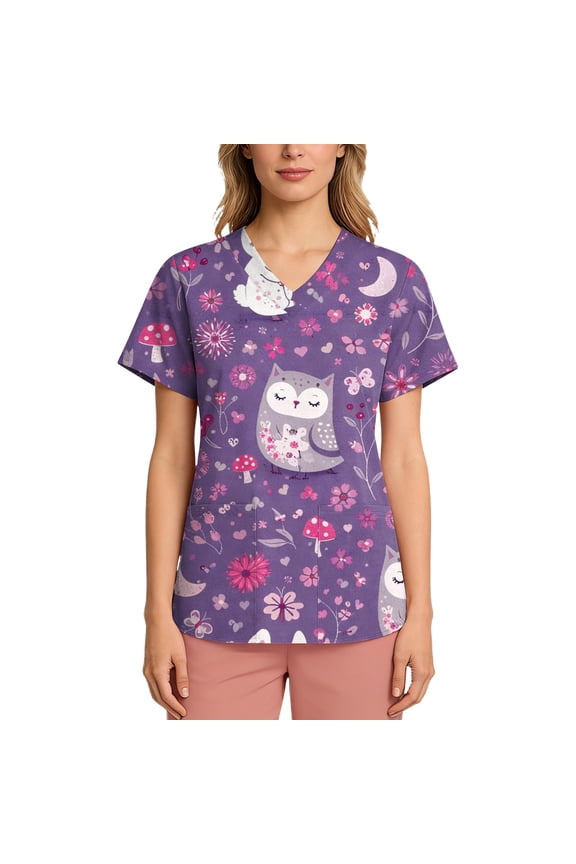 Scrub Tops for Women Casual Short Sleeve Working Uniform Cute Animals Printed Scrub T Shirts Medicals Nursing Scrub Shirts with Pockets