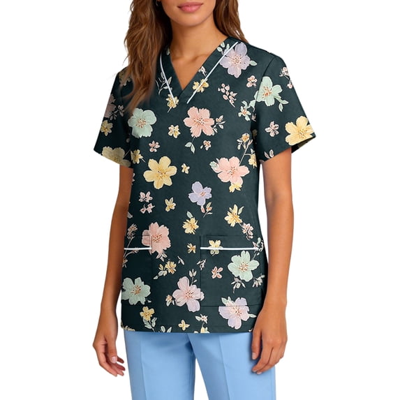 Scrub Tops for Women Casual Short Sleeve Working Uniform Summer Floral Printed Scrub T Shirts Medicals Nursing Scrub Shirts with Pockets