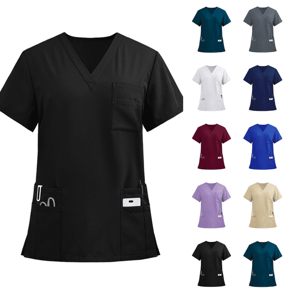 Scrub Tops for Women Curved V-Neck Scrub Tops Soft 3 Pockets Easy Care All Day Comfort for Hospital Clinic Wear Black S