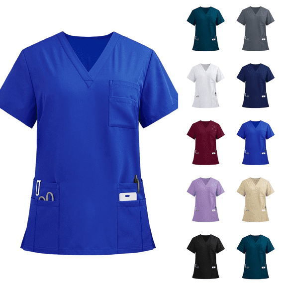 Scrub Tops for Women Curved V-Neck Scrub Tops Soft 3 Pockets Easy Care All Day Comfort for Hospital Clinic Wear Blue L
