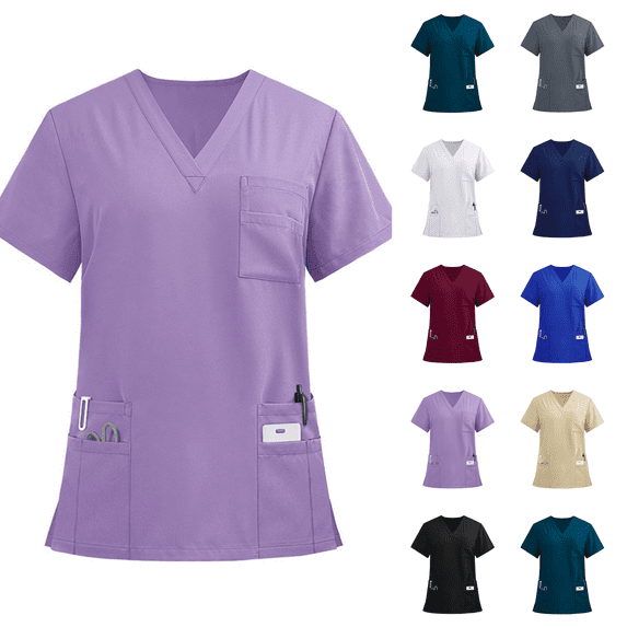 Scrub Tops for Women Curved V-Neck Scrub Tops Soft 3 Pockets Easy Care All Day Comfort for Hospital Clinic Wear Light Purple M