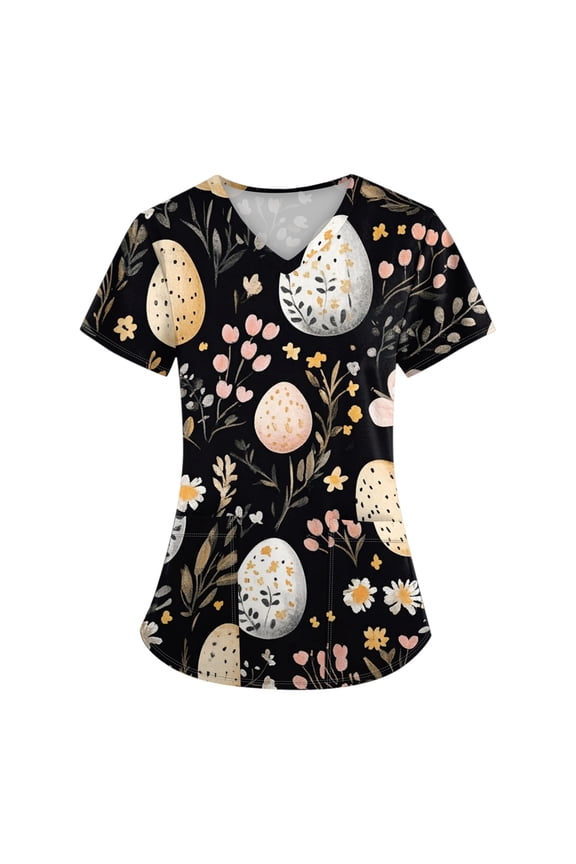 Scrub Tops for Women Easter Print Scrubs Nursing Uniforms Stretchy V Neck Holiday Blouse Tee