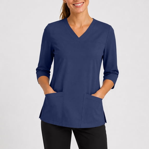 Scrub Tops for Women Elbow 3/4 Sleeve V Neck Top Nursing with Pocket Workwear Uniform Work Blouse Workout Shirts Blue S