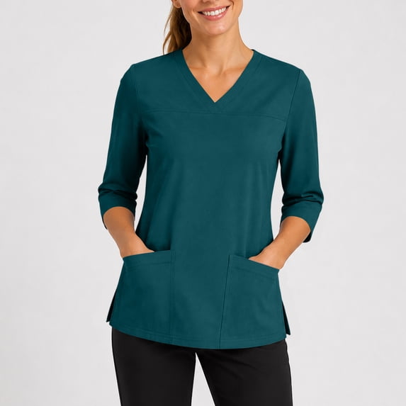 Scrub Tops for Women Elbow 3/4 Sleeve V Neck Top Nursing with Pocket Workwear Uniform Work Blouse Workout Shirts Green XL