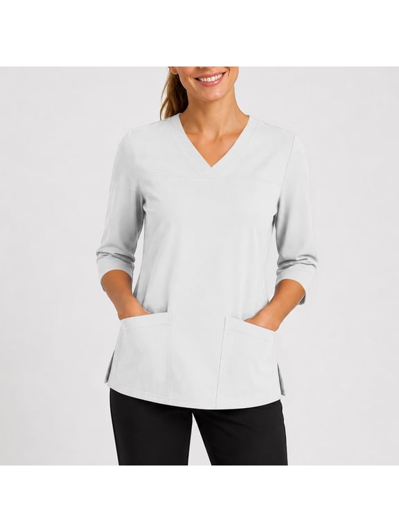 Scrub Tops for Women Elbow 3/4 Sleeve V Neck Top Nursing with Pocket Workwear Uniform Work Blouse Workout Shirts White M