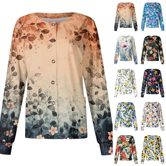 Scrub Tops for Women Long Sleeve Round Neck Floral Medical Scrubs Hawaiian Stretch Easy Care Medical Uniform, 5XL