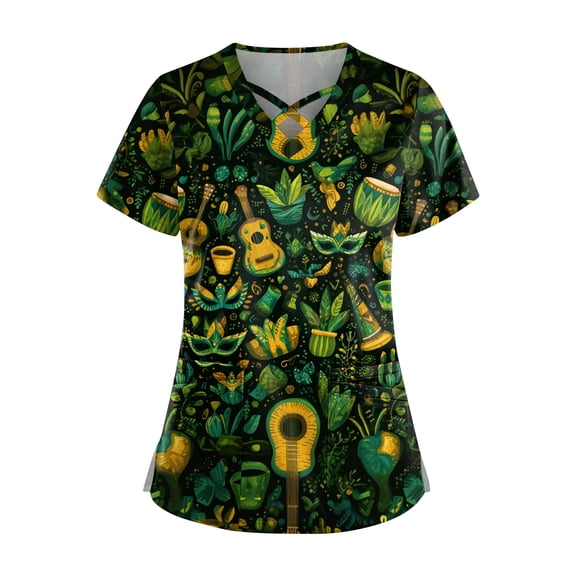 Scrub Tops for Women Mardi Gras Carnival Mask Graphic Nurse Working Uniform Workwear Stretchy V Neck Funny Holiday Tee Shirt