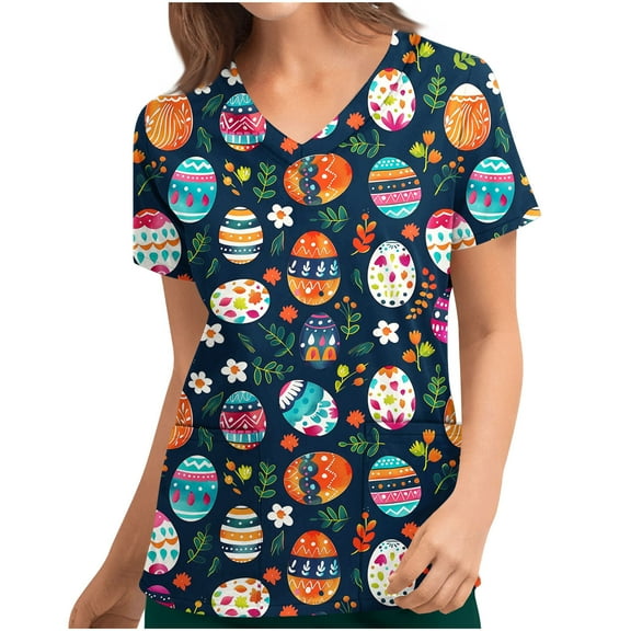 Scrub Tops for Women Nurse Gifts Short Sleeve Easter Scrubs Cute Funny Printed Working Medical Uniform with 2 Pockets, Navy, M