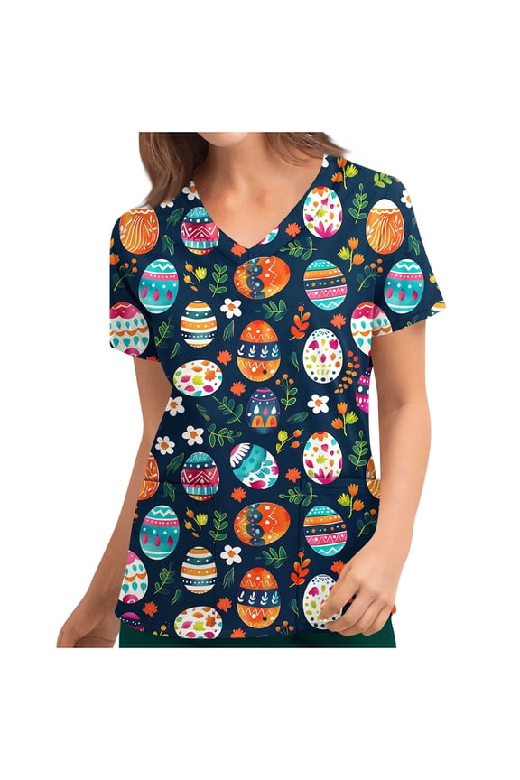 Scrub Tops for Women Nurse Gifts Short Sleeve Easter Scrubs Cute Funny Printed Working Medical Uniform with 2 Pockets, Navy, M