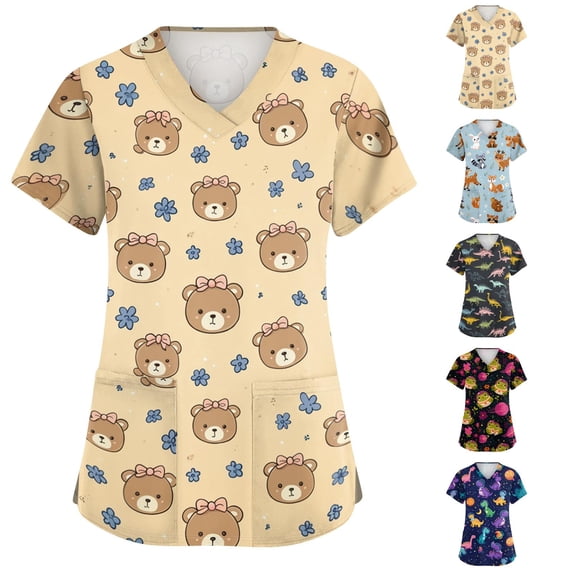 Scrub Tops for Women Short Sleeve Cartoon V Neck Medical Scrubs Breathable Stretch Medical Uniform with Pockets, S
