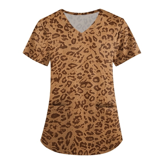 Scrub Tops for Women Short Sleeve V Neck Funny Leopard Print Scrub Shirts Nursing Workwear with Pockets