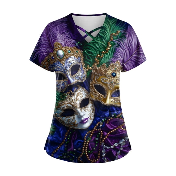 Scrub Tops for Women Short Sleeve V Neck Nurse Working Uniforms Summer Casual Mardi Gras Scrub Shirts