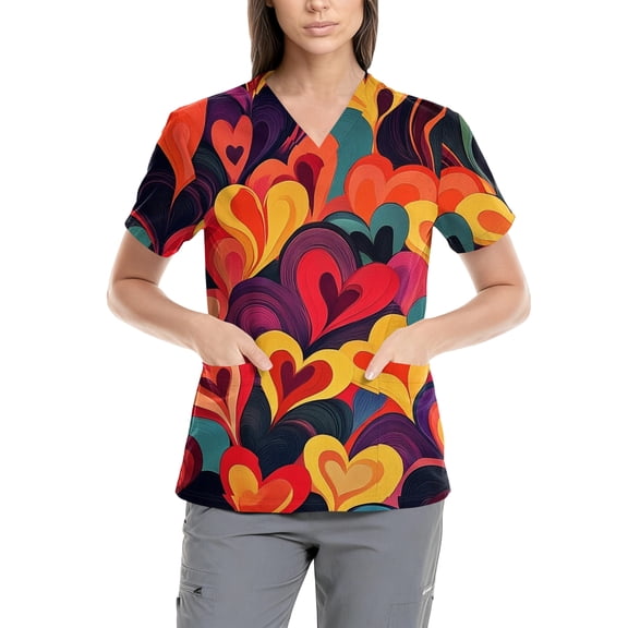 Scrub Tops for Women Short Sleeve V Neck Valentines Shirt Cute Graphic Tees Nursing Working Uniform with Pockets Yellow XL