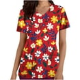 thumbnail image 1 of Scrub Tops for Women Short Sleeve Working Uniform with Pocket Summer Vintgae Graphic Flower Print V Neck Stretchy Holiday T Shirts, 1 of 4