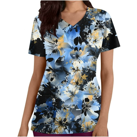 Scrub Tops for Women Short Sleeve Working Uniform with Pocket Summer Vintgae Graphic Flower Print V Neck Stretchy Holiday T Shirts
