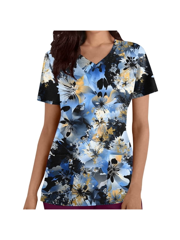 Scrub Tops for Women Short Sleeve Working Uniform with Pocket Summer Vintgae Graphic Flower Print V Neck Stretchy Holiday T Shirts