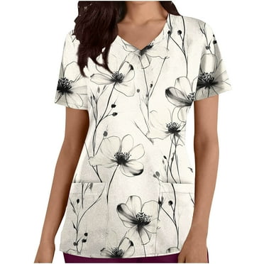 Scrub Tops for Women Short Sleeve Working Uniform with Pocket Summer Vintgae Graphic Flower Print V Neck Stretchy Holiday T Shirts
