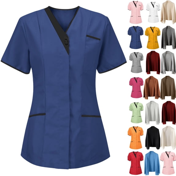 Scrub Tops for Women, Soft Stretch Short Sleeve V-Neck Nurse Uniforms with Pockets,Dark Blue XL