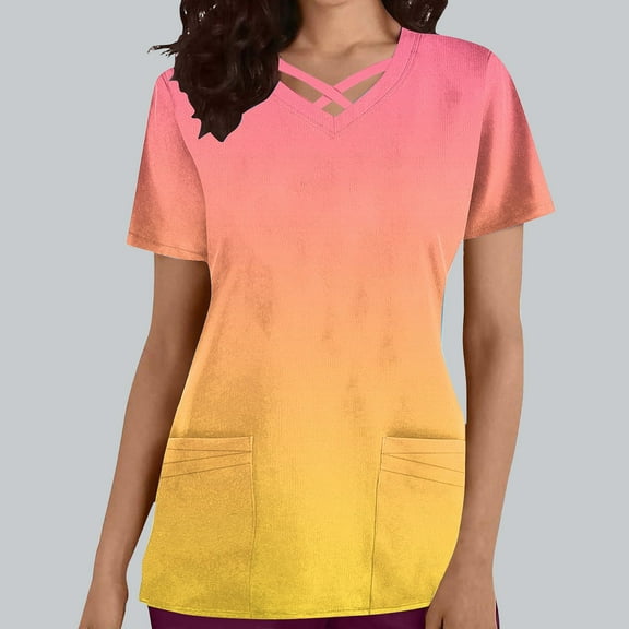 Scrub Tops for Women Solid Cross V Neck Short Sleeve Medical Uniform Stretchy Nurse Shirt