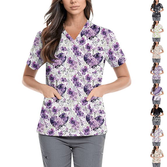 Scrub Tops for Women Stretchy Short Sleeve Cute Vneck Printed Working Uniforms Holiday Nursing Shirt with 2 Pockets Purple M