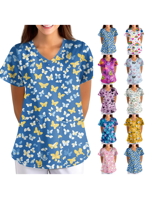 Scrub Tops for Women Stretchy Vneck Short Sleeve Cute Floral Animal Printed Holiday Nursing Pocketed Working Uniforms Blue M