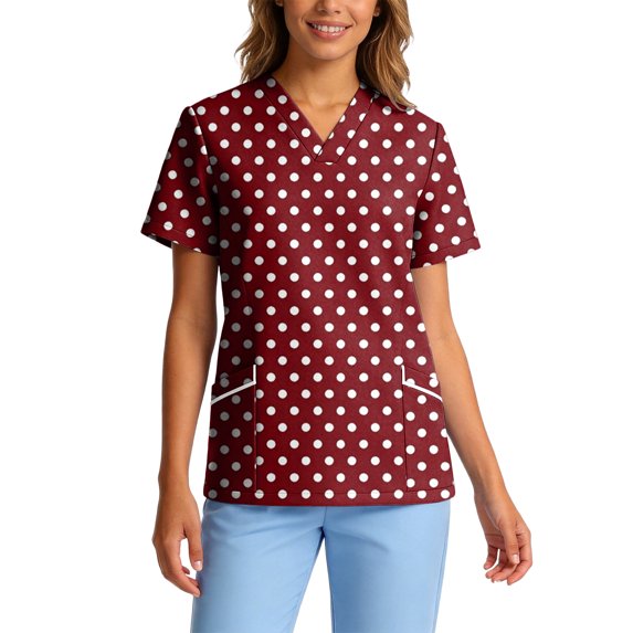 Scrub Tops for Women Stretchy Vneck Short Sleeve Funny Polka Dot Printed Holiday Nursing Pocketed Working Uniforms