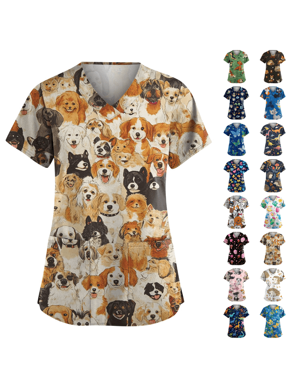 Scrub Tops for Women, V Neck Printed Scrub Tops, Medical Nursing Stretchy Shirts w/ 2 Pockets Camel XL