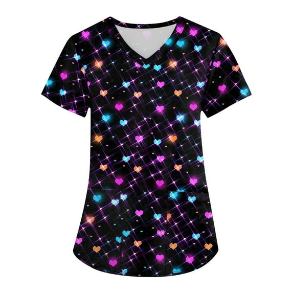 Scrub Tops for Women Valentine's Day Graphic Heart Printed Nursing Working Uniform Summer Casual V Neck Holiday Blouse Tee