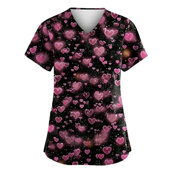 Scrub Tops for Women Valentine's Day Summer Casual Nurse Working Uniforms Funny Lover Heart Print Holiday Blouse Tee