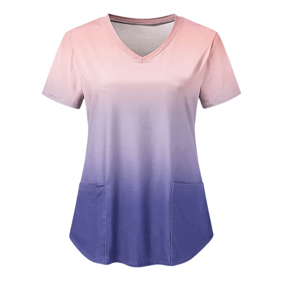 Scrub Tops for Women,Womens Summer Short Sleeve Casual V Neck Scrubs Tops Tie Dye Gradient Print Working Uniform Blouse Scrub Shirt with Pockets