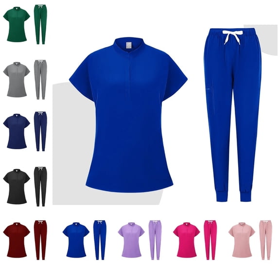 Scrub Tops for Women Zipper Front and Four Way Stretch Shirts Short Sleeves Top with Two Side Pockets Blue M