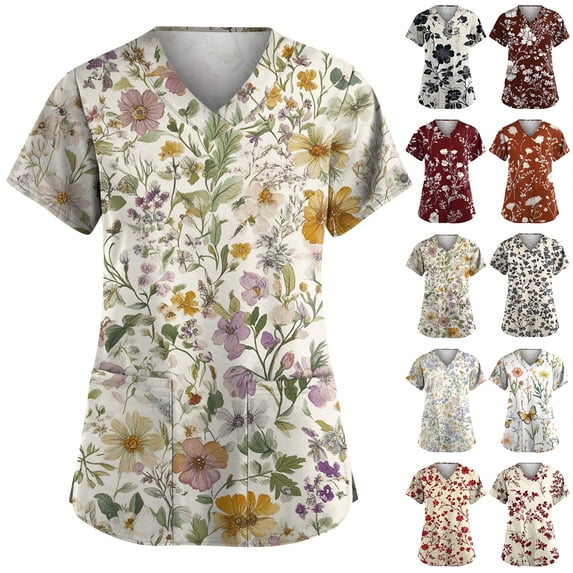 Scrub Tops for Women’s V Neck Short Sleeve Printed Shirts with Floral Pattern and Two Front Pockets for Everyday Wear Work Yellow 2XL