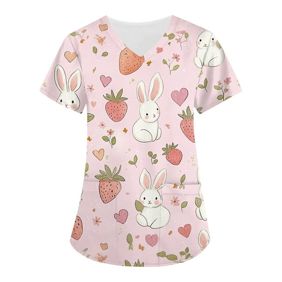 Scrub Uniforms For Women,Easter Scrub Tops Women Bunny Egg Hunt Print Scrubs Short Sleeve Holiday Working Uniform with Pockets,Pink,XXL
