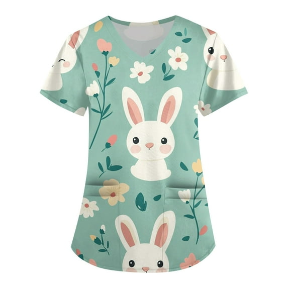 Scrub Uniforms For Women,Scrub Tops Womens Cute Easter Printed Nurse Uniforms 2026 Short Sleeve Scrub V Neck Shirt with Pockets,Green,L