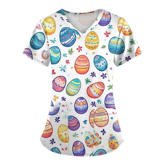 Scrub Uniforms For Women,Scrub Tops Womens Cute Easter Printed Nurse Uniforms 2026 Short Sleeve Scrub V Neck Shirt with Pockets,Purple,L