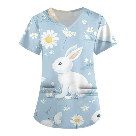 Scrub Uniforms For Women,Scrub Tops Womens Cute Easter Printed Nurse Uniforms 2026 Short Sleeve Scrub V Neck Shirt with Pockets,White,XXXL