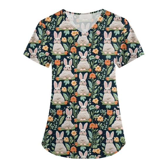 Scrub Uniforms For Women,Womens Scrub Tops - Short Sleeve V-Neck Easter Printed Scrub Top Women Uniform Shirts with Side Pockets,Royal Blue,S