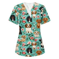 Scrub Uniforms Women Cute Cartoon Print Holiday Medical Tops Shirt Breathable Short Sleeve V-Neck Nurse Workwear