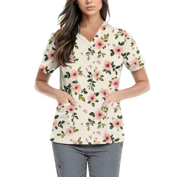 Scrub Uniforms for Women,Floral Print Scrub Tops - Side Pocket Design for Nurses & Healthcare Workers - Beige - L