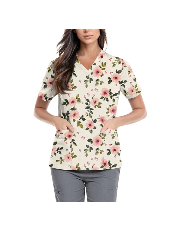 Scrub Uniforms for Women,Floral Print Scrub Tops - Side Pocket Design for Nurses & Healthcare Workers - Beige - L