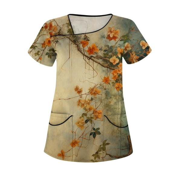 Scrub Uniforms for Women,Floral Print Women's Scrub Tops - V-Neck Short Sleeve Nursing Tops with Side Pockets - Yellow - L