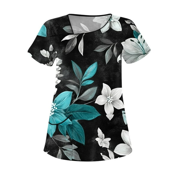 Scrub Uniforms for Women,Floral Printed Scrub Tops - Cheerful Floral Patterns Short Sleeve Medical Blouse - Blue - XL